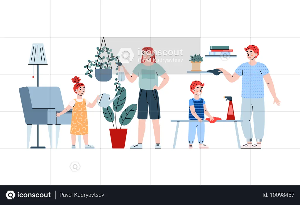Enfants et parents ensemble effectuant les tâches ménagères quotidiennes à la maison  Illustration
