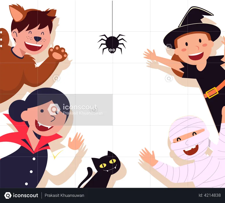 Enfants habillés en costume d'Halloween disant bonjour  Illustration