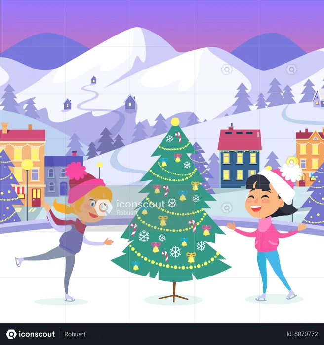 Enfants heureux sur une patinoire près de l'arbre de Noël  Illustration