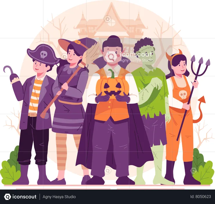 Enfants heureux mignons s'habillant dans divers costumes d'Halloween célébrant Halloween  Illustration