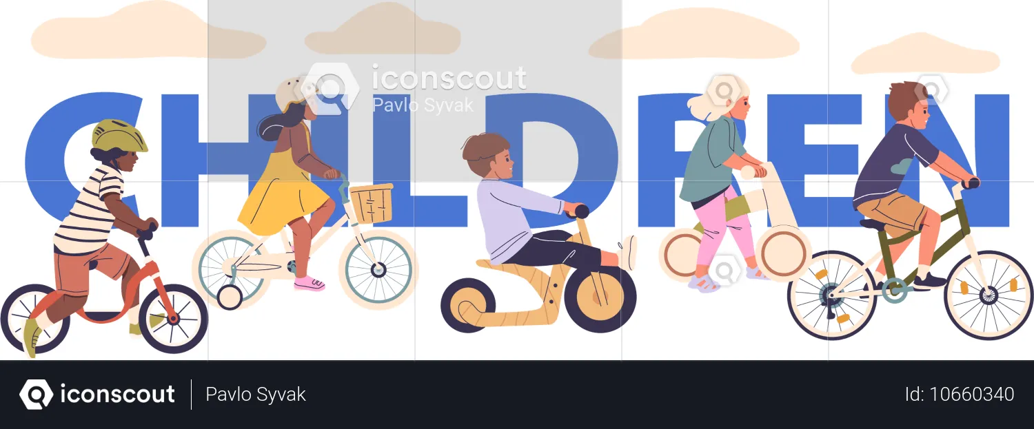 Personnages d'enfants faisant du vélo et des scooters  Illustration