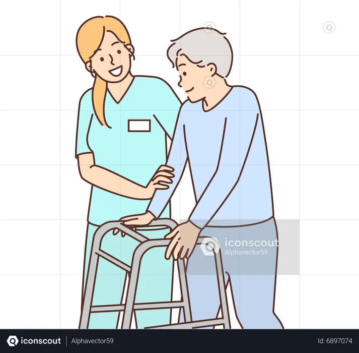 Enfermeira ajudando idoso com deficiência  Ilustração