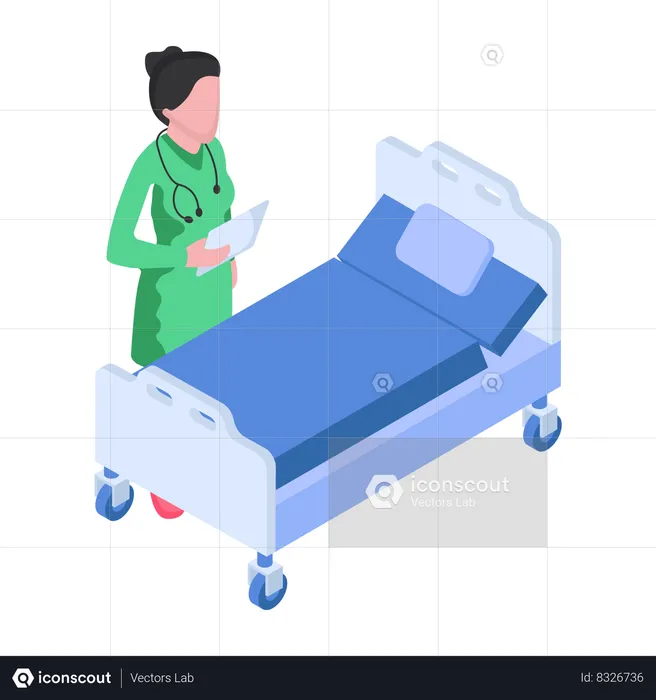 A enfermeira está parada perto da cama do hospital  Ilustração