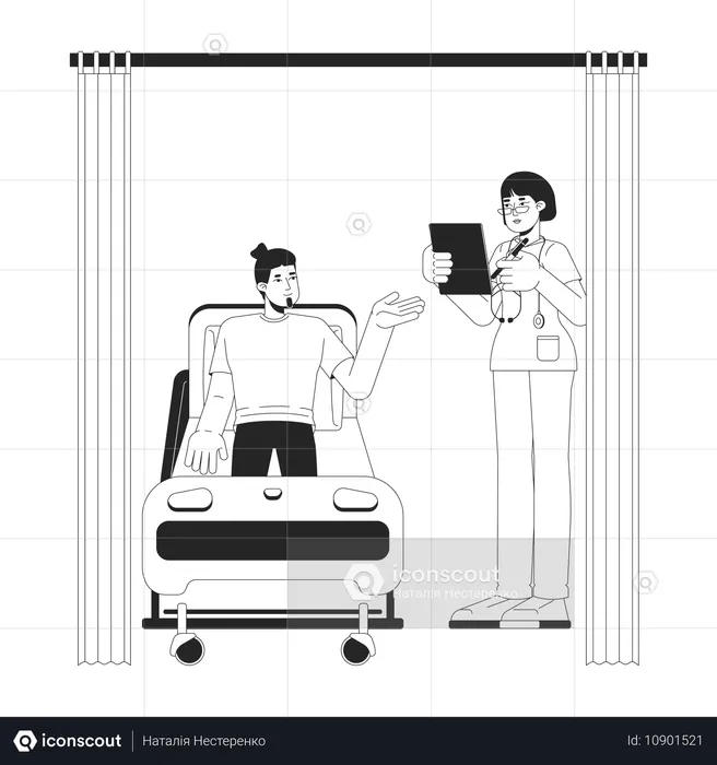 Una enfermera y un paciente masculino discuten en las habitaciones del hospital  Ilustración