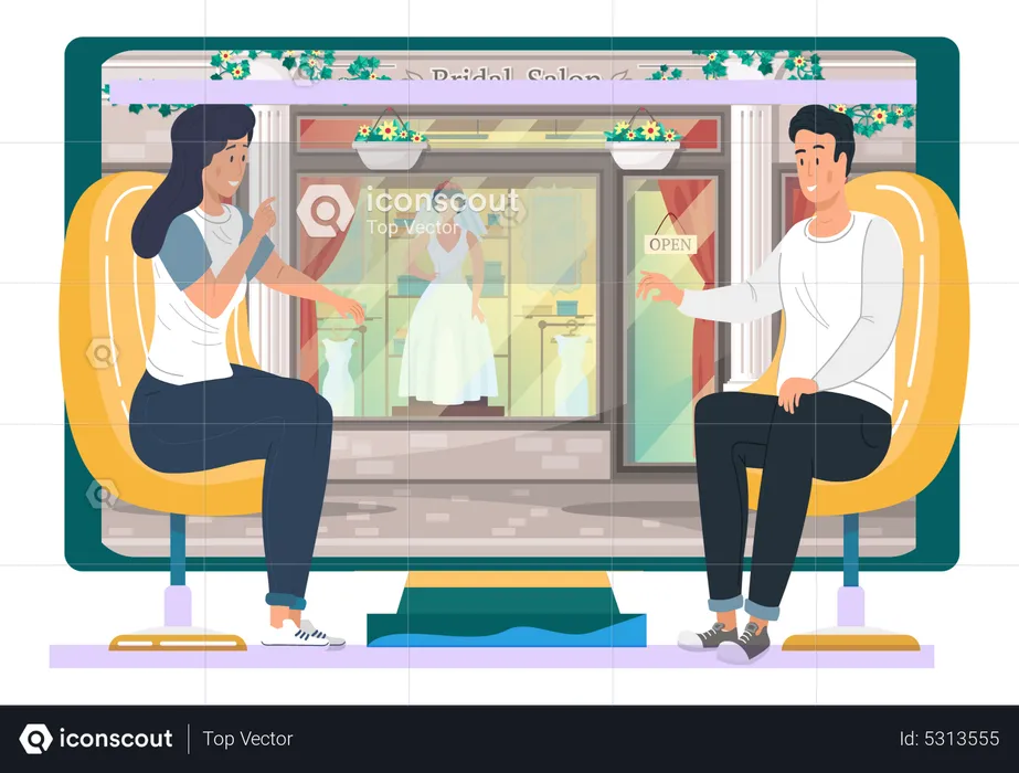 Engaged couple look at window of boutique store  Illustration