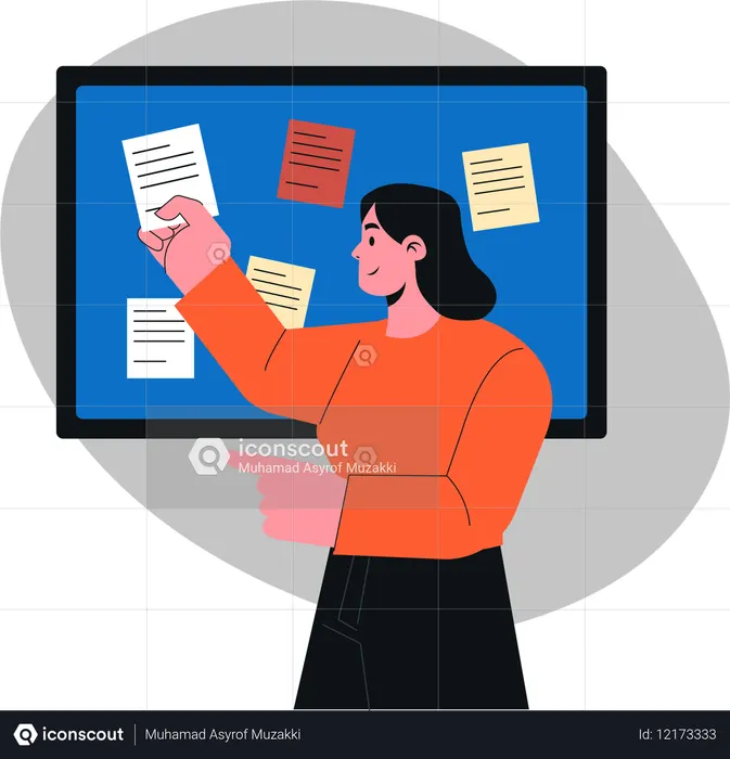 Engaging Presentation in  Classroom Setting Featuring  Focused Female Instructor with Notes on  Bulletin Board  Illustration