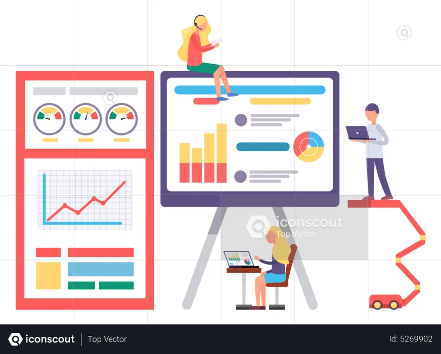 Engenheiro trabalhando com relatório gráfico no PC  Ilustração