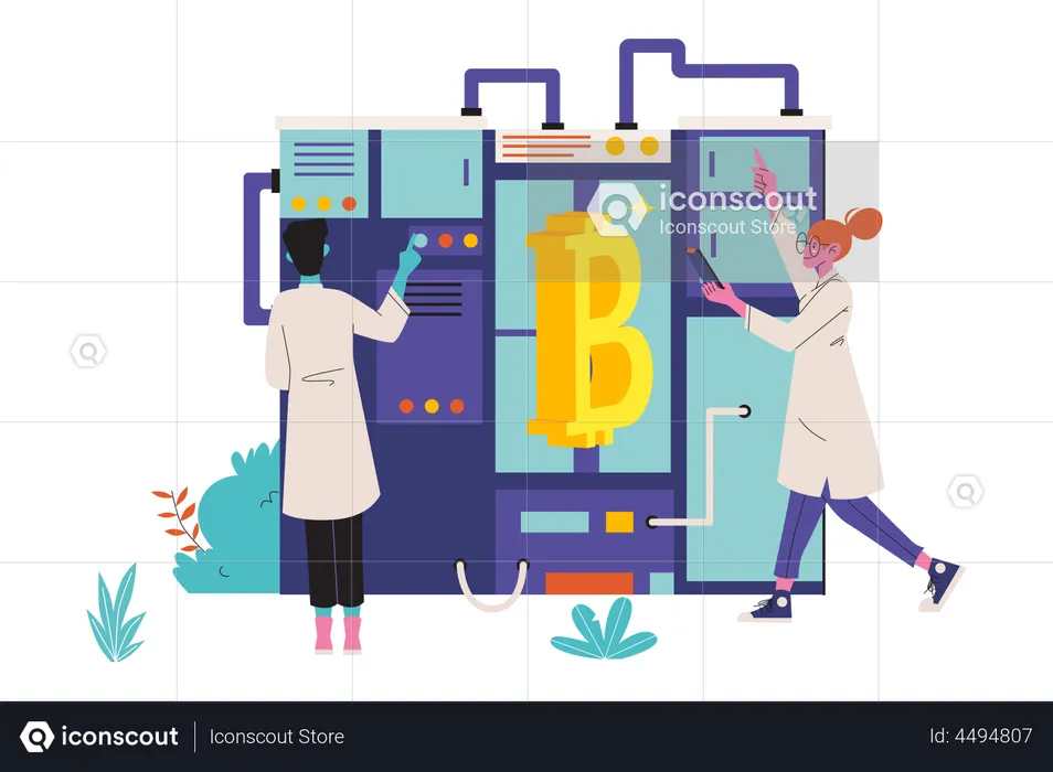 Engenheiros trabalhando em plataforma de mineração de bitcoin  Ilustração