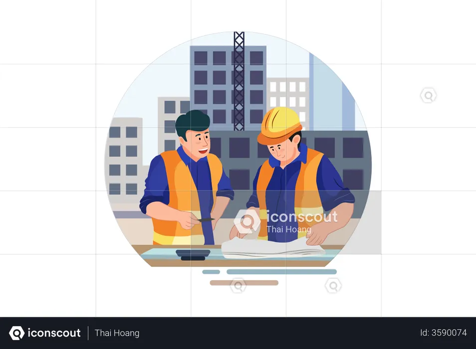 Engineer analysis blueprint of the construction site  Illustration