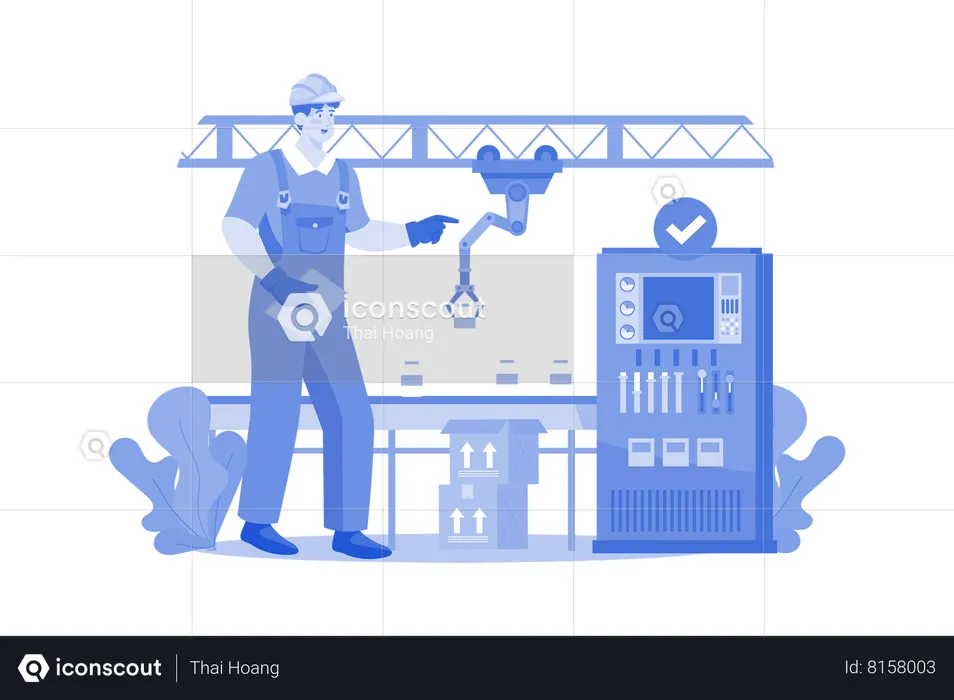 Engineer Checking Packaging Automation Process  Illustration