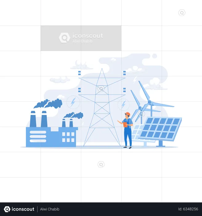 Engineer choosing power station with solar panels and wind turbines  Illustration