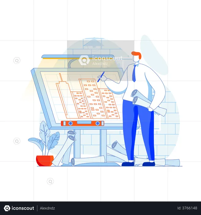 Engineer designing construction plan  Illustration