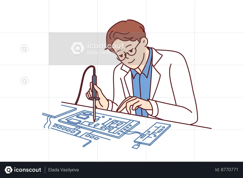 Engineer is soldering computer board  Illustration