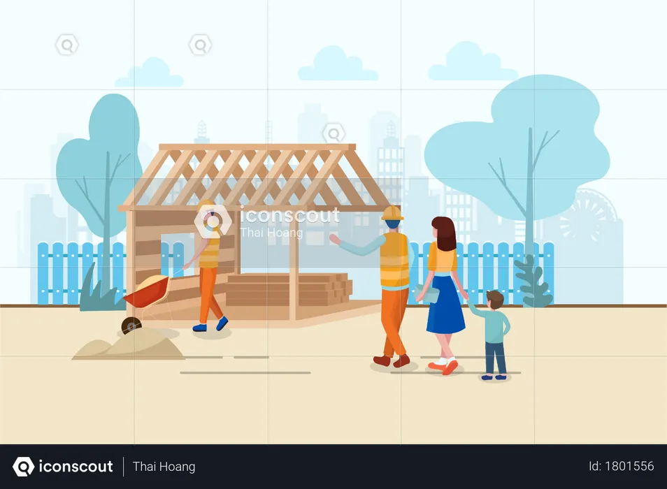 Engineer took his family or friend for showing the work progress of the construction site  Illustration