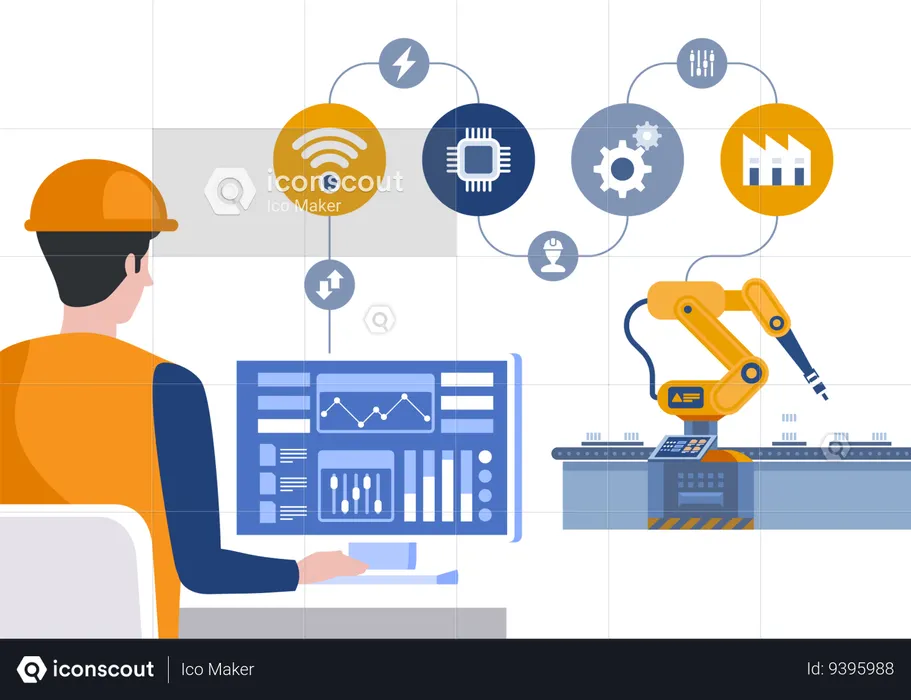 Engineer using computer to control robotic arm on smart factory  Illustration
