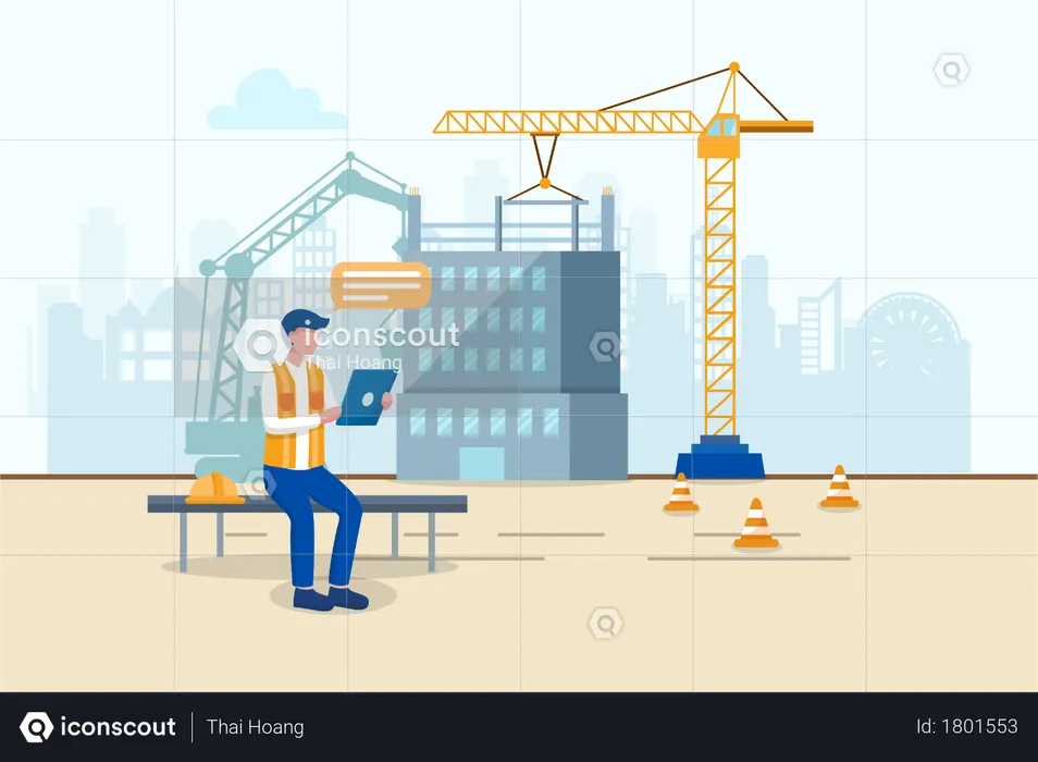 Engineer watching tablet for better planning for future work in construction site  Illustration