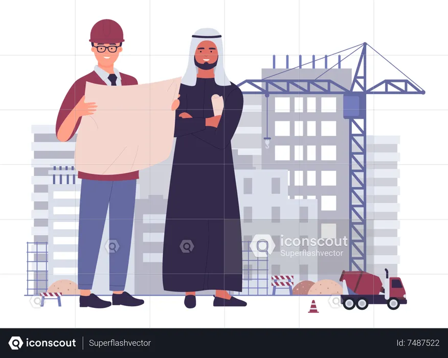 Engineer working at site with arab developer  Illustration