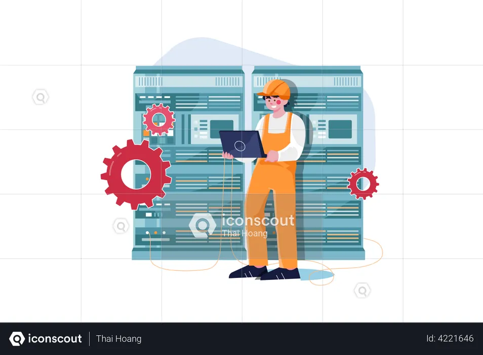 Engineer working in the server room  Illustration