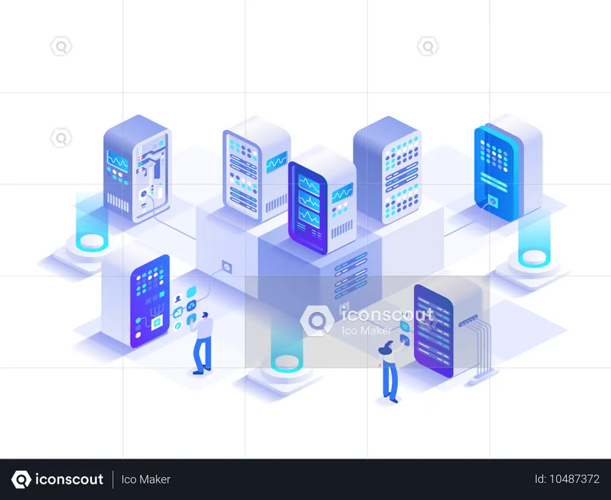 Das Engineering-Team arbeitet im Hardware-Cloud-Datenbankraum  Illustration