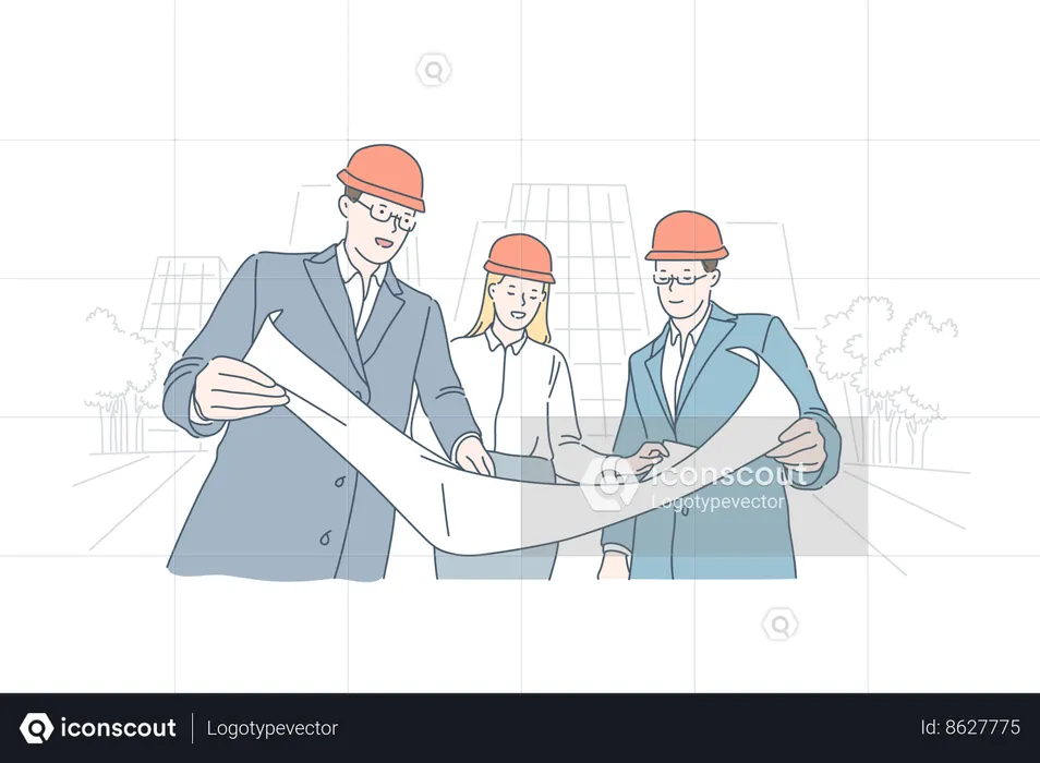 Engineers are discussing site plan  Illustration