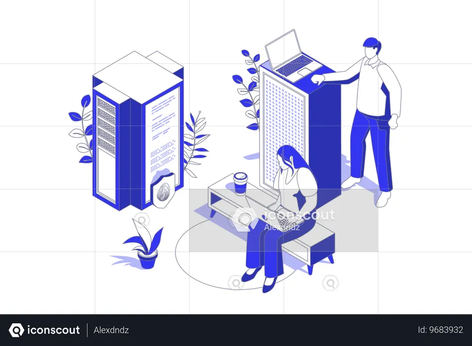 Engineers working at data center  Illustration