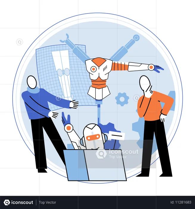 Engineers working on building robot  Illustration