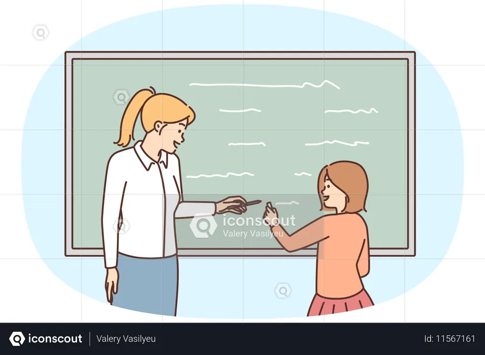 Une enseignante et une écolière écrivant au tableau noir  Illustration
