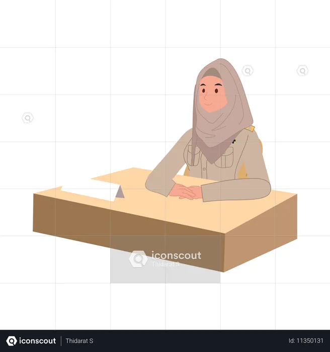 Enseignante musulmane portant le hijab assise à son bureau dans un espace de travail  Illustration