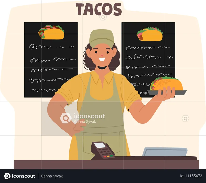 Enthusiastic Fast Food Worker Standing Behind Counter At Taco Stand With Menu Board  Illustration