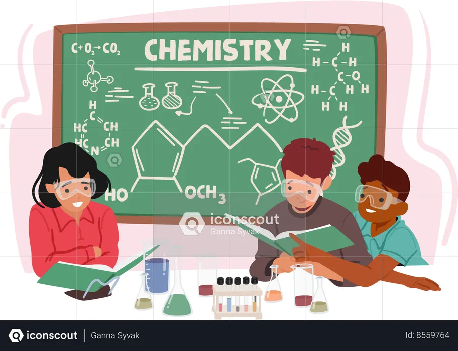 Enthusiastic Kids Characters Explore Chemistry In A Classroom  Illustration
