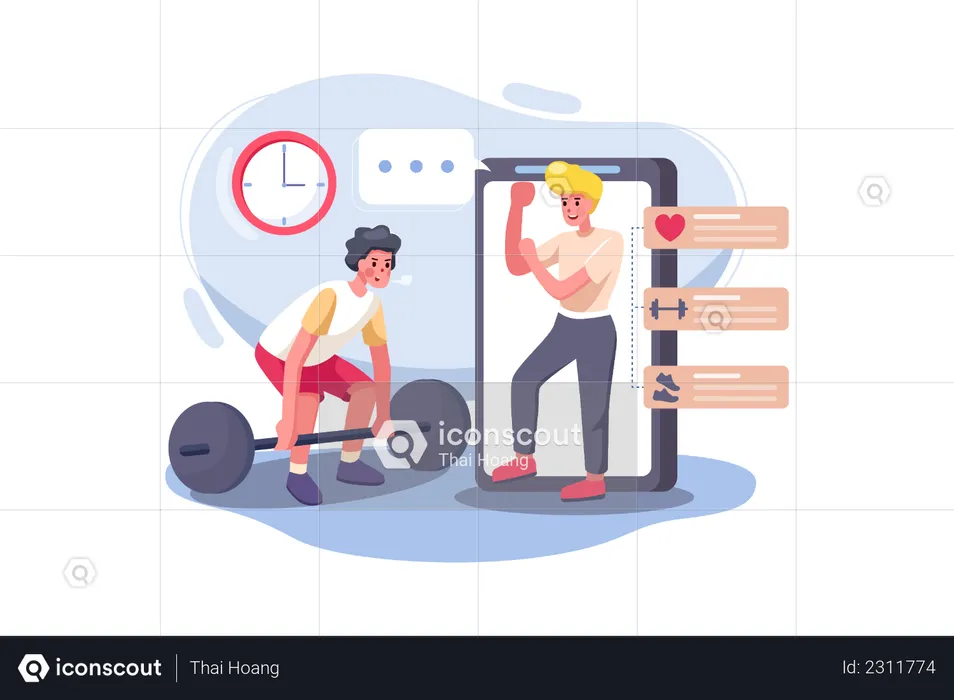 Entraîneur de gym donnant des instructions à son client par appel vidéo  Illustration