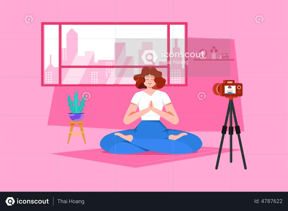 Entraîneur de yoga féminin faisant du streaming en ligne  Illustration