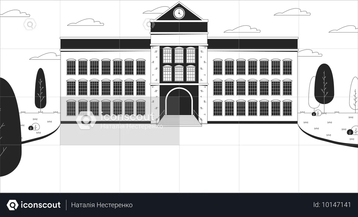 Entrée du bâtiment scolaire avec cour  Illustration