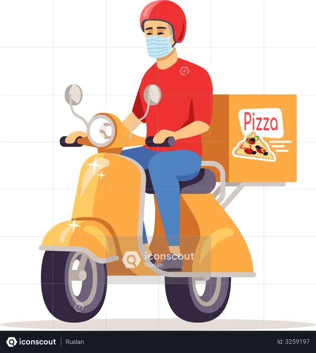 Entregador com máscara cirúrgica indo entregar pizza  Ilustração