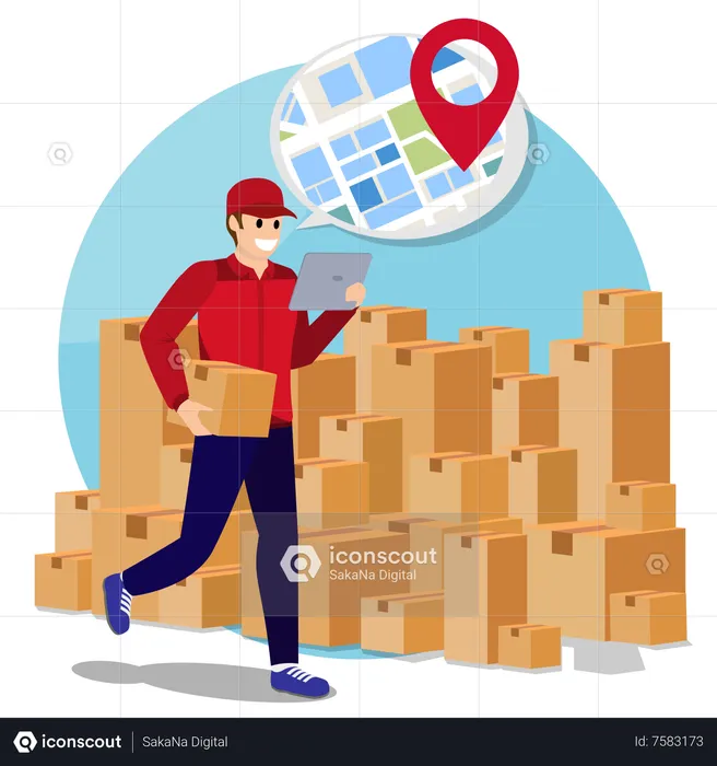 Entregador Encontre o local da caixa de encomendas enviada com o celular  Ilustração