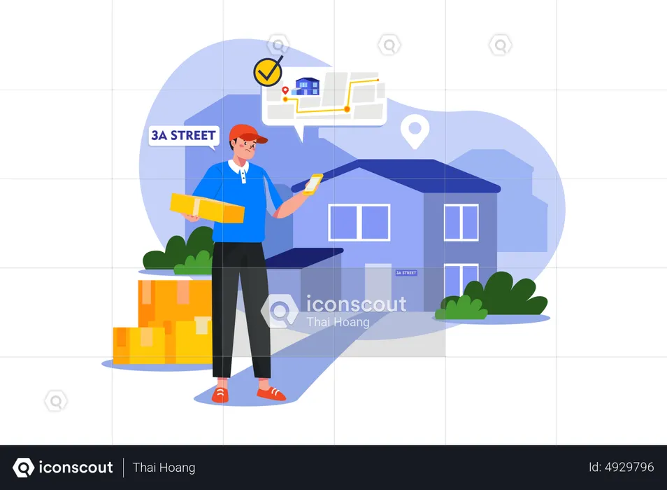 Entregador verificando a localização do endereço de entrega  Ilustração