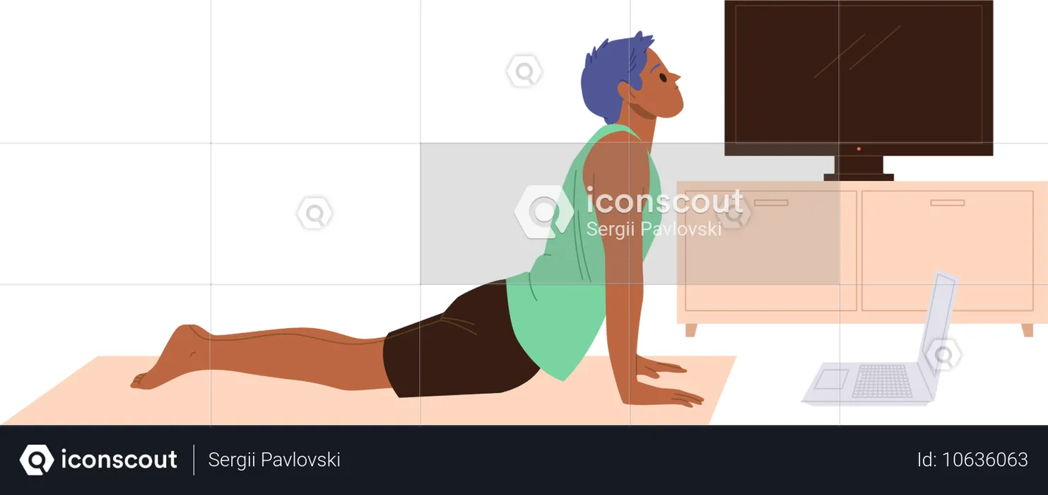 Entrenador de pilates para hombre que transmite en línea una lección de entrenamiento usando una computadora portátil  Ilustración