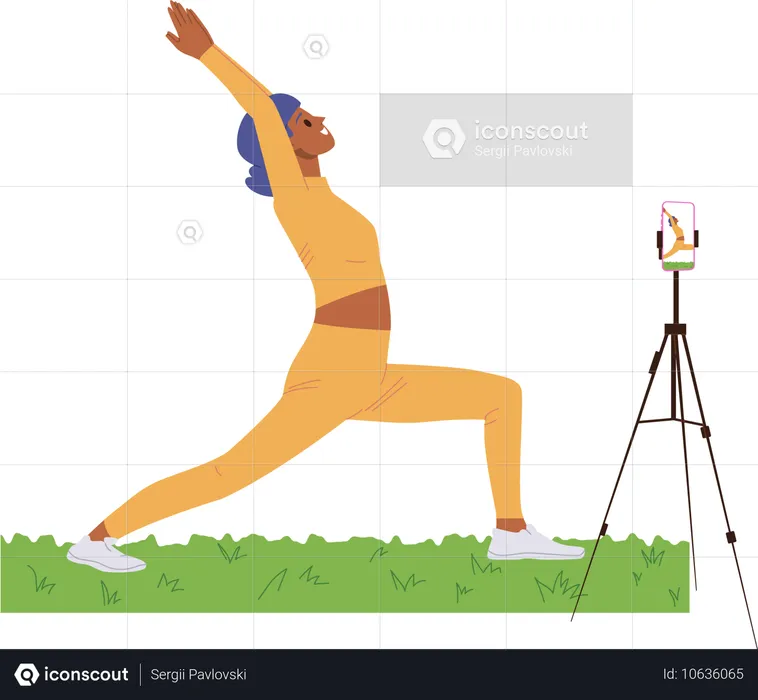 Entrenadora deportiva graba un video tutorial de una lección de ejercicios de pilates para redes sociales en un teléfono inteligente  Ilustración