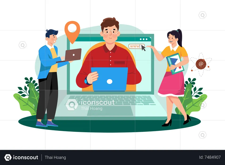 Entrepreneur interacts with customers  Illustration