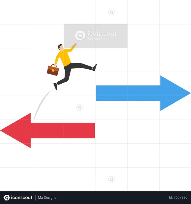 Entrepreneur investor jumping from red arrow to blue arrow up  Illustration