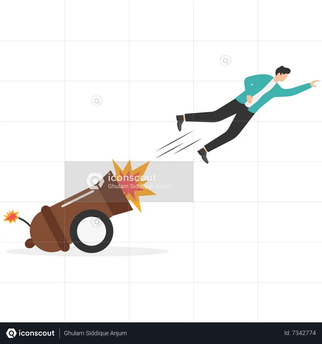 Entrepreneur shot from explosive cannon boosting high to achieve business success  Illustration