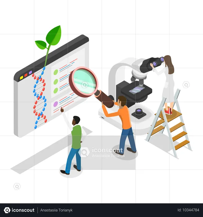 Equipe científica trabalhando em pesquisa de DNA  Ilustração