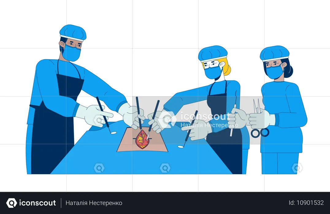 Equipe cirúrgica realizando operações  Ilustração