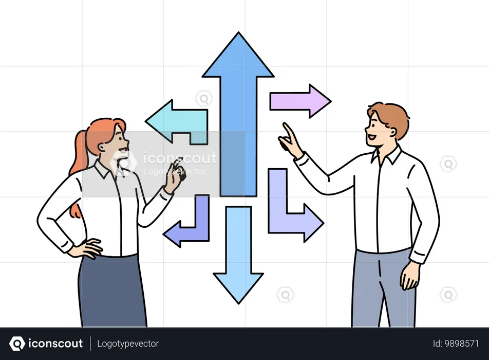 Équipe commerciale à la recherche d'une solution de chemin stratégique pour réussir, debout près des flèches  Illustration