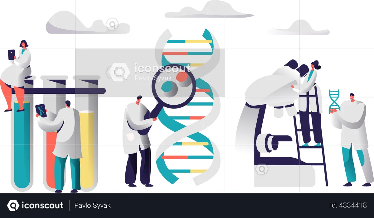 Equipe de cientista profissional examinando célula de DNA  Ilustração