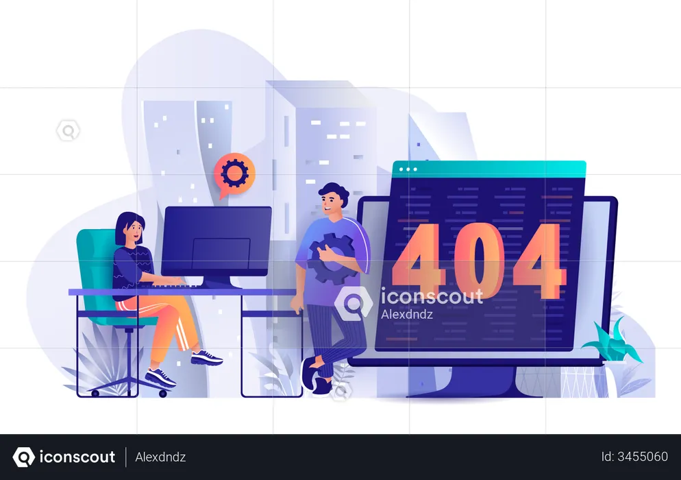 Equipe de desenvolvimento resolvendo erro 404  Ilustração