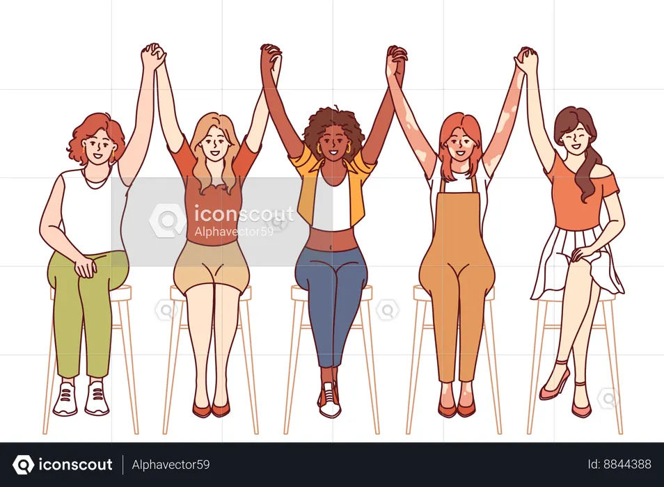 Equipe de diversas mulheres levanta as mãos juntas como sinal de unidade  Ilustração