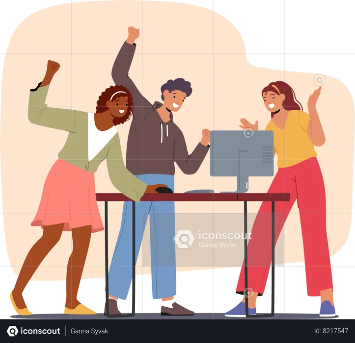 Equipe de negócios comemora sucesso perto do computador  Ilustração