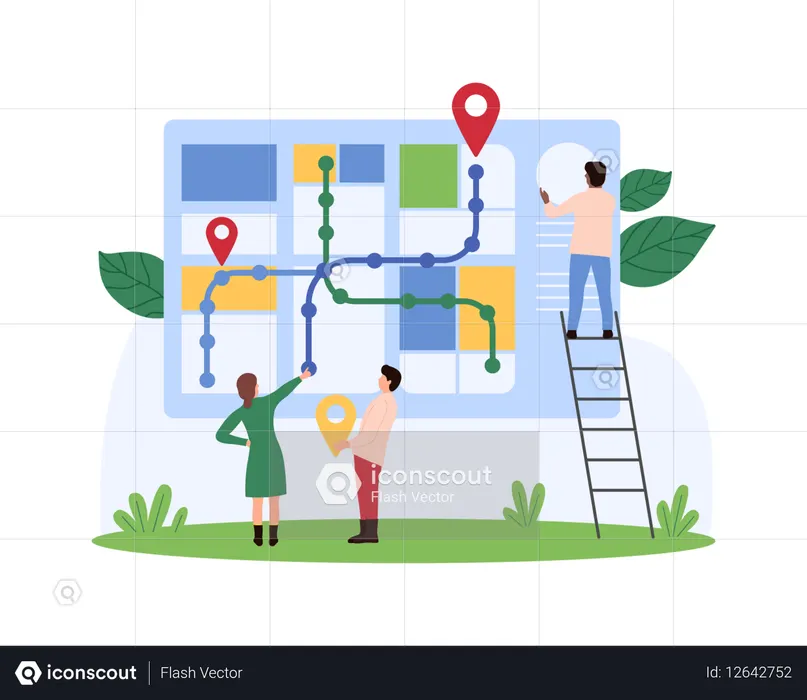 Equipe de negócios trabalhando em navegação colaborativa de mapas  Ilustração