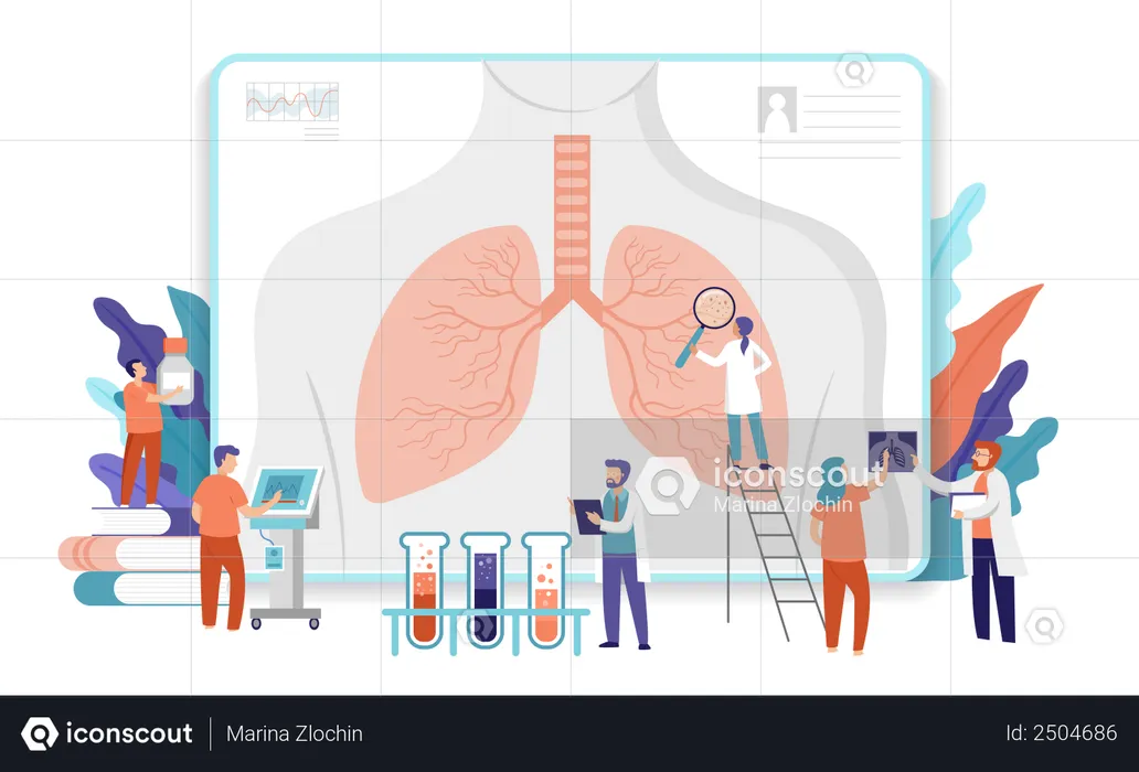 Equipe de pesquisa médica fazendo pesquisas sobre pulmões  Ilustração